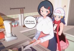 3d animated apron ash_ketchum ass big_breasts blue_eyes blue_hair blue_skirt breasts breasts_out clothed_sex dawn_(pokemon) dry_humping edit edited english_text feathermaple holding_partner johanna_(pokemon) kitchen kitchen_utensils milf no_sound pikachu_plushie pink_apron pleasure_face pokeball_print pokemon pokemon_(anime) pokemon_dppt red_scarf satoshi_(pokemon) scarf seductive_smile sex skirt speech_bubble squirting surprised teasing thighjob video washing_dishes white_hat white_shirt