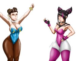 2girls black_hair breasts brown_hair capcom chun-li female female_only fully_clothed green_eyes happy juri_han latex_stockings latex_suit muri_senpai purple_eyes revealing_clothes street_fighter street_fighter_6 suit