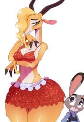 2015 antelope anthro arm_under_breasts ass big_breasts big_butt blonde_hair bovid bracelet breast_size_difference breasts brown_eyes cleavage clothed clothing curvy_figure digital_media_(artwork) disney duo eyebrows eyelashes female gazelle gazelle_(zootopia) grant's_gazelle hair hair_over_eye hi_res huge_butt huge_hips jewelry judy_hopps lagomorph larger_female leporid long_body long_neck mammal nanger navel nipple_outline one_eye_obstructed pear-shaped_figure pink_nose rabbit simple_background size_difference small_waist smaller_female sssonic2 thick_thighs true_antelope white_background wide_hips zootopia