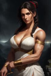 ai_generated athena athena_(greek_mythology) athletic_female black_hair brown_eyes female female_only goddess greece greek greek_mythology hair_bun medium_breasts muscular_female mythology outdoors stable_diffusion temple virgin