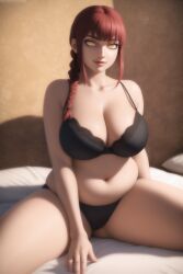 ai_generated bangs bbw bed bedroom belly_rolls black_bra black_panties braided_hair braided_ponytail chainsaw_man chubby chubby_female fat fat_girl fat_woman huge_breasts indoors lingerie looking_at_viewer makima_(chainsaw_man) naked nipples nude overweight overweight_female plump red_hair ringed_eyes sitting smiling solo stable_diffusion thick thick_thighs voluptuous wgenjoyr4539 yellow_eyes