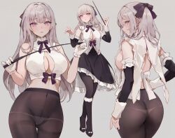 1girls ai_generated ass belly belly_button boob_window breasts character_request chowbie cleavage conductor dat_ass dress female female_only maid_master panties panties_down pantyhose purple_eyes riding_crop sensual series_request sideboob skirt thick_thighs white_hair