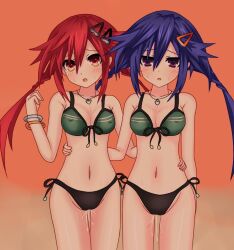 2girls arm_up bikini blue_hair blush bracelet breasts erect_nipples_under_clothes front_view hairclip hand_on_waist kurome_ankokuboshi light-skinned_female looking_at_viewer neptunia_(series) open_mouth orange_background orange_eyes purple_eyes pussy_juice red_hair s.g.sho sweat twintails uzume_tennouboshi