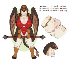 anthro anus armor ass avian back_wings barbarian big_breasts bikini bracelet breasts brown_body brown_feathers chainmail_bikini chainmail_lingerie cleavage clothed clothing crown fantasy feathered_wings feathers female genitals gold_legband gryphon half-closed_eyes headgear huge_breasts humanoid_genitalia humanoid_pussy jewelry model_sheet mythological_avian mythology narrowed_eyes neck_tuft pussy quarterstaff red_sclera roly simple_background solo swimwear tan_body tan_feathers thick_thighs tuft unconvincing_armor warrior white_background wide_hips wings