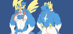 anthro ass balls bara barazoku blue_fur canine frankescobarx furry male male_only muscles muscular nintendo nude penis pokemon solo solo_male zacian