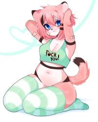 bandages bottomless crop_top cute fredek666 furry high_thighs text tiger tiger_girl xigua_(diives) xingzuo_temple