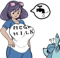 1girls ? ?? breasts clothed collarbone dark-skinned_female dark_skin drawfag drawthread_request eeveelution eyewear_on_head generation_4_pokemon glaceon hand_on_hip large_breasts mega_milk nintendo pokemon pokemon_(species) pokemon_sm purple_hair shorts sina_(pokemon) smile sunglasses sunglasses_on_head white_background