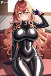 1girls ai_generated couch curly_hair flushed gloves green_eyes large_breasts latex latex_suit looking_at_viewer multicolored_hair own_character