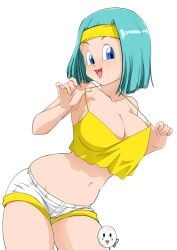 blue_eyes blue_hair bulma bulma_(dragon_ball) bulma_briefs bulma_briefs_(bojack_movie) caisama dragon_ball dragon_ball_z headband hotpants midriff smiling_at_viewer solo_female tank_top tank_top_pull