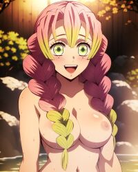 1girls ai_generated big_breasts breasts demon_slayer erect_nipples female_focus female_only huge_breasts joker_(artist) kanroji_mitsuri kimetsu_no_yaiba looking_at_viewer looking_back nipple_bulge nude_female pink_nipples solo