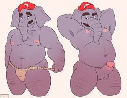 1boy 2023 anthro arm_hair asian_clothing average_penis balls biped body_hair bulge chest_hair clothed clothing clothing_pull east_asian_clothing elephant elephant_mario elephantid erection eyebrows facial_hair flexing fundoshi fundoshi_only fur gay genitals glans grey_body grey_fur hands_behind_head hat hat_only headgear headgear_only headwear headwear_only humanoid_genitalia humanoid_penis japanese_clothing leg_hair looking_at_viewer male male_only mammal mario mario_(series) moschythehyena mostly_nude moustache multiple_images multiple_poses musclegut navel nintendo nipples nude penis pink_glans pink_nipples portrait pose proboscidean proboscis_(anatomy) raised_arms red_clothing red_hat red_headwear side_butt signature simple_background solo standing super_mario_bros._wonder thick_eyebrows three-quarter_portrait topless topless_anthro topless_male trunk_(anatomy) underwear underwear_only underwear_pull white_background