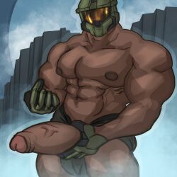 abs bara big_muscles big_nipples big_pecs big_penis daddy dilf erection halo_(series) helmet human inviting male male_only master_chief masturbation mostly_nude muscular muscular_human navel nipples pecs penis ruttingroads solo