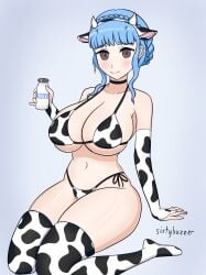 1girls bangs bare_thighs bikini blue_hair braid breasts brown_eyes cleavage cow_girl cow_print cow_print_bikini female female_only fire_emblem fire_emblem:_three_houses kneeling large_breasts light_blue_hair marianne_von_edmund milk nintendo short_hair sideboob sixtybuzzer skindentation solo thick_thighs thighhighs thighs underboob