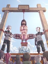 asian asphyxiation black_hair black_socks bondage boruto:_naruto_next_generations breasts domination female gag gagged half-dressed half_naked hanged humiliation hyuuga_hinata imminent_death leveen mouth_gag naked naruto noose nude open_legs partially_visible_vulva public public_execution public_exposure rope rope_bondage short_hair slave suspension tied_legs tied_up white_eyes