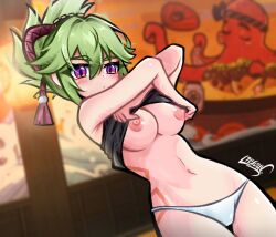 1girls 2022 alternate_version_available areolae arms_crossed artist_signature belly belly_button big_breasts black_shirt blush blush_lines breasts eyebrows_visible_through_hair eyelashes_visible_through_hair female genshin_impact green_hair hair_ribbon hi_res koonowen kuki_shinobu large_breasts lifting_shirt long_green_hair long_hair looking_at_viewer navel nipple_piercing panties purple_eyes shirt shirt_lift slight_blush tattoo white_panties