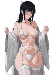 1girl bare_shoulders black_hair bow bra breasts brown_eyes charlesart commentary garter_belt garter_straps highres iori_utahime jujutsu_kaisen lingerie long_hair looking_at_viewer open_clothes open_robe panties pcharlesart robe scar scar_on_face solo thighhighs thighs underwear utahime_iori white_background white_bra white_garter_belt white_panties white_robe white_thighhighs