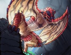 animal_genitalia blue_eyes bodily_fluids capcom cloaca cloacal_penis dragon dripping erection european_mythology feet feral flying_wyvern genital_fluids genitals hi_res light light_beam looking_at_viewer male membrane_(anatomy) membranous_wings monster_hunter mythological_creature mythological_scalie mythology pecs penis precum precum_drip rath_wyvern rathalos red_body scales scalie scar seminal_groove shiftshido smile smiling_at_viewer smirk smirking_at_viewer subsurface_scattering tail talons toes western_dragon wings wyvern