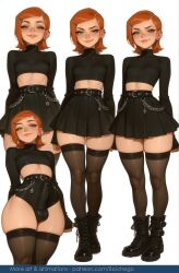 bulge thighhighs skirt hair_ornament jewelry hairclip earrings 1boy orange_hair otoko_no_ko black_skirt crop_top ear_piercing boots smile green_eyes piercing multiple_views skindentation erection looking_at_viewer pleated_skirt erection_under_clothes short_hair white_background breasts freckles simple_background miniskirt long_sleeves midriff black_footwear 1girl belt black_thighhighs thick_thighs turtleneck zettai_ryouiki cropped_shirt thighs small_breasts black_shirt shirt lips shorts chain standing male_focus full_body futanari gwen_tennyson femboy femboy_only boichego ai_generated ai_assisted ai-created