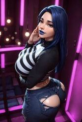 1girls joan_(oc) blue_hair lipstick striped_sweater busty big_breasts thick_thighs thick_ass big_ass toned toned_female toned_body skin_tight bare_midriff midriff 3d 3d_(artwork) ai_generated radnsad solo solo_focus solo_female skinny_jeans jeans torn_pants torn_jeans ripped_pants ripped_jeans goth goth_girl goth_mommy