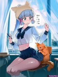 1girl 2d 2d_(artwork) 2d_artwork artist:mirachumakes big_breasts cat clothing color colored confused curvaceous_female curvaceous_figure curvy_body dark_background digital_art dynamic_lighting eyelashes female genshin_impact hourglass_figure huge_breasts kamisato_ayaka large_breasts midriff miniskirt narrow_waist navel oily_skin pleated_skirt refraction revealing_clothes revealing_outfit ring_light_reflection sagging_breasts school_uniform schoolgirl seductive seductive_eyes see_through see_through_clothing shadow shiny_skin skimpy_clothes skirt_rise solo solo_focus sweat sweating thick_eyelashes thick_thighs translucent translucent_clothing vignetting visible_breath voluptuous_female wet_clothes wide_eyed wide_hips