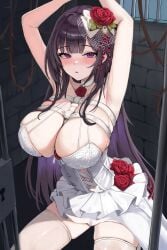 1girl absurdres arms_up between_breasts black_hair blunt_bangs blush breasts brick_wall cleavage commentary dress flower goddess_of_victory:_nikke highres k_(user_nrtr8253) large_breasts long_hair long_sidelocks looking_at_viewer mihara_(bonding_chain)_(pain_eater)_(nikke) mihara_(nikke) official_alternate_costume open_mouth prison_cell purple_eyes red_flower red_rose rose short_dress sidelocks skindentation solo standing thighhighs very_long_hair white_dress white_thighhighs
