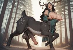 ai_generated antlers bare_shoulders black_fur black_hair blush breasts_out brown_eyes centaur centauroid deer_ears deer_girl deer_tail detached_sleeves from_behind from_below full_body futanari gold_jewelry gold_trim grabbing_own_breast green_dress hair_flower hooves horn_ornament horse_anus horse_penis huge_penis jewelry large_breasts latentlust lips long_hair narrow_waist nipple_play nipple_tweak open_mouth parted_hair precum puckered_anus puffy_nipples sideless_dress taur torogao tweaking_own_nipple wavy_hair white_flower white_fur white_spots