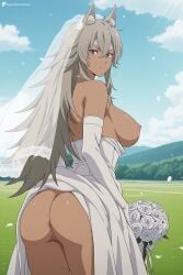 digitalwaifugallery ai_generated patreon seductive sexy uncensored watermark hi_res high_quality high_resolution ghislaine_dedoldia mushoku_tensei 1girl breasts dress ass petals solo wedding_dress dark_skin elbow_gloves flower rose long_hair bouquet nipples bare_shoulders large_breasts animal_ears gloves looking_at_viewer sky hair_between_eyes pussy veil bridal_veil white_dress looking_back closed_mouth blue_sky day outdoors white_rose