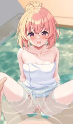 shirohisame 1girl breasts medium_breasts medium_hair straight_hair pink_hair blush highres 1boy 1boy1girl sex insertion vaginal vaginal_sex vaginal_insertion vaginal_penetration penis pussy censored mosaic_censoring character_request copyright_request tied_hair towel towel_only onsen onsen_sex sitting in_water sitting_on_water sitting_in_water lotus_position leaning_back