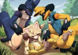 abdominal_bulge abra absurd_res anthro doggystyle female foursome from_behind_position generation_1_pokemon generation_4_pokemon group group_sex hi_res lucario male nintendo outside penetration pokemon pokemon_(species) sex shiny_pokemon skylosminkan vaginal vaginal_penetration