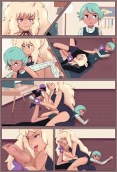 bee_and_puppycat cass_wizard_(bee_and_puppycat) toast_(bee_and_puppycat) boxer boxer_girl boxing_gloves dyed_hair green_hair blonde_female purple_eyes 2girls wrestling this_is_personal spongebob_reference humiliation socks_removed barefoot foot_fetish foot_focus foot_play foot_lick licking_foot tongue_out tongue_on_foot tasty_feet girl_on_top absurdres highres frenemies female_focus females_only comic artist_request