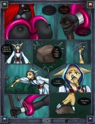 2024 5_fingers angry anthro areola armor bald big_breasts big_ears black_areola black_body black_border black_fur black_nipples blue_clothing blue_nails border bracers breasts brown_eyes canid canine close-up clothed clothing colored_nails comic covering covering_face dialogue digital_media_(artwork) duo eliana-asato english_text erect_nipples fangs felid feline female fennec_fox fingers forest_background fox front_view fur gem hair hand_on_face hi_res holding_object hood khloe_(eliana-asato) long_hair looking_at_another looking_at_viewer magic_clothing mammal melony_(eliana-asato) monster multiple_scenes nails nipples nude open_mouth outside pink_tentacles portrait red_gem red_hair red_nails restrained restrained_by_tentacles rock scared speech_bubble standing tan_body tan_fur teeth tentacle_creature tentacles text throwing_object true_fox tuft weapon white_clothing yellow_eyes