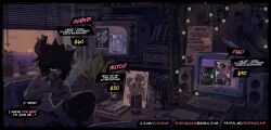 absurd_res american_opossum anthro city cityscape clothed clothing collar computer_keyboard computer_monitor detailed_background digital_media_(artwork) drugs elseirius english_text femboy fishnet_clothing fishnet_legwear fur hair hi_res inside legwear male male/male mammal marijuana marsupial monster_energy plant_pot seirsinclair smile smoking smoking_marijuana solo speech_bubble spiked_collar spikes string_lights substance_intoxication sunset tail text white_body white_fur