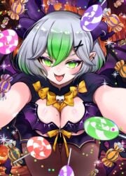 1girls bent_over big_breasts blush bra breasts candy cape cleavage cross eyeshadow female female_only froot green_eyes green_hair grey_hair hairclip halloween horn_piercing horns indie_virtual_youtuber labi555 large_breasts leaning_forward lollipop looking_at_viewer mole mole_on_breast multicolored_hair naughty_face open_mouth pale-skinned_female pale_skin panties pantyhose pointy_ears purple_eyeshadow reaching_towards_viewer revealing_clothes ribbon ribbons short_hair skimpy skimpy_clothes smile solo teeth thigh_gap thighs tongue tongue_out virtual_youtuber vtuber wide_hips wings