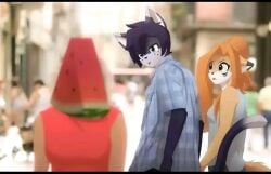 1boy 1girls anthro boyfriend-girlfriend distracted distracted_boyfriend eipril funny furry humor meme_attire not_ai_generated not_porn oc reference_to_character safe_for_work sfw sfw_illustration_(meme) watermelon