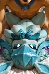 1boy 1girls ai_generated anthro_female anthro_male anthro_on_anthro black_sclera blue_eyes blue_fur canid crista_beth_(scorpianpp) dog_girl female generation_4_pokemon glaceon long_hair male/female original_character pokemon pokemon_(species) purple_hair scorpianpp self_upload stable_diffusion straight_sex