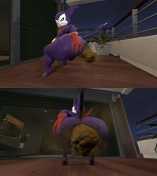 3d_(artwork) angry anthro apartment bandai_namco belly big_belly big_butt butt clothing crouching crowning_feces digimon digimon_(species) digital_media_(artwork) feces gloves grunting hand_on_butt handwear hi_res hyper_feces hyper_scat imp impmon kanebrentkoopa looking_back male nude pooping pooping_on_floor scarf scat scatplay solo source_filmmaker_(artwork) tecbuttlovefa thick_thighs wide_hips