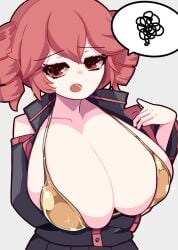 1girls 2026 2d 2d_(artwork) annoyed arm_under_breasts big_breasts bikini boobs boobs_out breasts breasts_bigger_than_head breasts_focus breasts_out cleavage cleavage_overflow clothed clothing color colored digital_media_(artwork) exposed_breasts eyelashes fat_breasts female female_only flashing flashing_breasts gigantic_breasts gold_bikini golden_bikini golden_week hi_res huge_breasts kasane_teto large_breasts light-skinned_female light_skin looking_away massive_breasts mouth_open open_mouth open_shirt plump plump_breasts q6akira red_eyes red_hair round_breasts shiny_bikini showing_breasts simple_background skindentation solo solo_female speech_bubble synthesizer_v tits top_heavy twin_drills upper_body upper_body_focus utau white_background