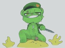 anthro bear bodily_fluids camo camo_clothing camo_print clothing duo flippy_(htf) fliqpy genitals happy_tree_friends hi_res male male/male mammal nipples pattern_clothing penis ramssa simple_background sweat