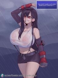1girls 2026 abs areolae bangs bare_shoulders belly_button bench big_breasts black_gloves black_hair black_skirt breasts busty cleavage closed_mouth clothed clothed_female clothing collarbone crop_top curvaceous curvy earrings elbow_gloves elbow_pads english_text feet_out_of_frame female final_fantasy final_fantasy_vii fingerless_gloves fully_clothed gloves hair hair_between_eyes hi_res hourglass_figure huge_breasts human jewelry large_areolae large_breasts legs_together light-skinned_female light_skin long_hair navel nipples nipples_visible_through_clothing outdoors plantpenetrator rain red_eyes red_footwear see-through shirt skirt solo stomach suspender_skirt suspenders tank_top text text_box thighs three-quarter_portrait tifa_lockhart tifa_lockhart_(1997) toned wet wet_clothes white_tank_top wide_hips