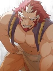 1boy bara bare_pectorals beard commentary_request dounooo facial_hair flaccid grin highres huge_pectorals male male_focus male_only multicolored_hair muscular muscular_male navel nipples one_eye_closed pectorals penis red_hair right_(yomi_no_tsugai) small_horns smile solo teeth two-tone_hair white_hair yomi_no_tsugai