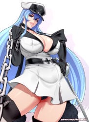 1girls akame_ga_kill! big_breasts blue_eyes blue_hair chain_leash chains cleavage esdeath_(akame_ga_kill!) female female_only hand_on_hip hi_res leashed_pov long_hair looking_at_viewer nofuture smiling smiling_at_viewer solo thick_thighs viewed_from_below white_background