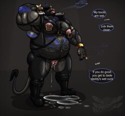 andromorph anthro armband armpit_hair barazoku beard belly belly_hair big_belly blowing_smoke bodily_fluids body_hair boots bovid bovine bracelet cattle chaps cigar clitoris clothing covered_eyes dominant dominant_andromorph dominant_intersex english_text excessive_genital_fluids facial_hair facial_piercing flexing footwear genital_fluids genitals harness hat headgear headwear hi_res holding_cigar holding_object intersex jewelry leather_daddy mammal musclegut muscular muscular_andromorph muscular_intersex navel neth_rusiki_azhti nethgoorat nose_piercing nose_ring overweight overweight_andromorph overweight_intersex piercing raised_arm ring_piercing septum_piercing septum_ring shoes smoke smoking solo speech_bubble tail tail_tuft talking_to_viewer tattoo text topwear tuft vaginal_fluids vest vulva