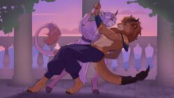 amari_(furlough_games) rowan_(furlough_games) dancing romantic romantic_couple muscular muscular_male clothed_female female_holding_male horn flirting embarrassed clothing dress cleavage small_breasts holding_waist hand_holding fluffy_tail mane claws pants shoulder_pads armwear elbow_tuft topless topless_male tango_(dance) looking_at_another looking_at_partner scorpion_tail eyes_closed eye_contact smiling_at_another smile scar holding_partner hooves bracelet ear_piercing inner_ear_fluff pink_body pink_fur multicolored_fur orange_body orange_fur tan_fur detailed_background column balcony sunset cloud leaf raised_tail tail_accessory necklace stone_floor mountain standing bared_teeth