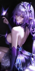 1girl alternate_costume armwear ass ass_visible_through_clothes back backless_dress backless_outfit bare_shoulders beautiful big_ass big_breasts breasts bug butterfly castorice_(gossamer_flutter)_(honkai:_star_rail) castorice_(honkai:_star_rail) chinese_commentary closed_mouth commentary_request dark_background dress elbow_gloves elf_ears female female_focus female_only from_behind goddess gorgeous hair_between_eyes hair_intakes hair_ornament hand_up highres honkai:_star_rail honkai_(series) huge_ass huge_breasts inner_sideboob insect jewelry large_breasts lipstick long_hair looking_at_viewer looking_back looking_to_the_side mommy official_alternate_costume pointy_ears purple_butterfly purple_dress purple_eyes purple_hair shoulder_blades sideboob sitting smile solo thick_ass thick_thighs thighs turning_head viewed_from_behind white_hair wo_jiushi_kanbudong
