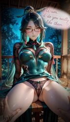 xianyun_(genshin_impact) genshin_impact ai_generated nsfw lewd panties teasing speech_bubble synxv green_eyes green_hair white_skin black_panties green_clothing red_glasses pov pov_hands pussy