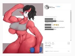 1girls 2019 abs art_trade comment_section dumbbell flexing horn instagram monster_girl muscular muscular_female oc oni_female original original_character partially_clothed pointy_ears red_skin repomorame six_pack smoxul smozuru social_media solo sports_bra