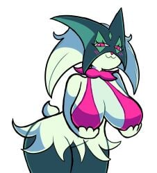 meowscarada pokemon pokemon_(species) furry furry_female cat_girl cat_ears smug smug_face smug_grin boobs cleavage bikini bikini_top swimsuit swimwear big_breasts big_tits big_titties thighs thighs_bigger_than_head thick_thighs fat_thighs holding_breasts holding_breast suggestive breasts breast_grab belly_button cat_tail blush blushing blush_lines