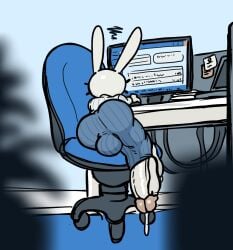 1boy 2026 2d_(artwork) anthro ass backsack balls_outline big_balls butt_outline computer cubicle huge_penis monitor nsfwoaf oaf_(nsfwoaf) office_chair office_worker paper_stack paperwork penis_out_of_pants penis_outline plant_pot rabbit_humanoid silhouette solo_focus sticky_note thighs unprofessional_behavior