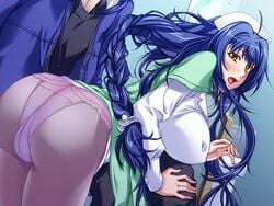 ass aunt_and_nephew black_rainbow blue_hair blush breasts female game_cg hair incest large_breasts long_hair looking_back naruse_ai nurse nurse_hat official_art open_mouth panties pantyhose pink_panties soukan_yuugi_2 souma_makoto yellow_eyes yoshino_keiko