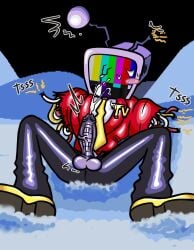 antennae_(anatomy) armless balls balls_out big_penis broken_robot broken_screen cock cum cumming_on_self cumming_untouched deltarune deltarune_chapter_3 dick letttusse no_arms object_head penis penis_out precum_bubble robot_humanoid spurt spurting tenna_(deltarune) tv_head
